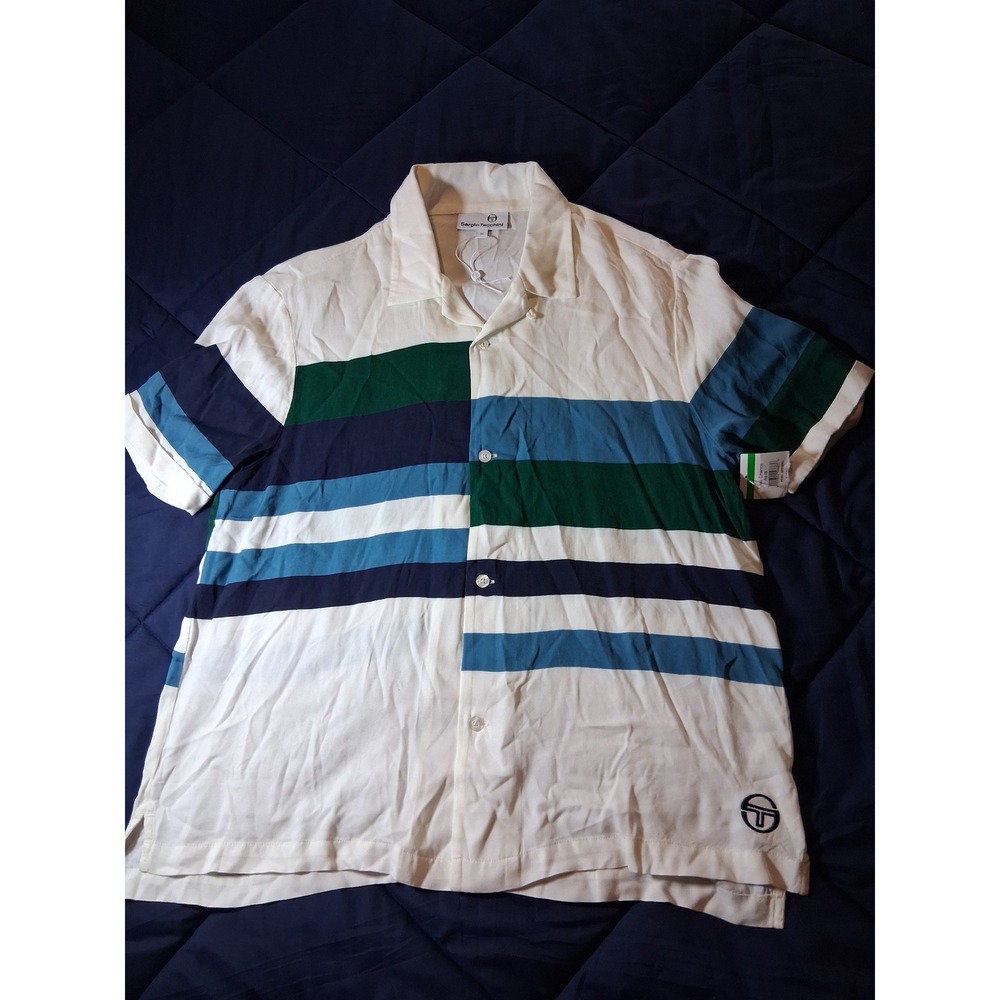 Sergio Tacchini Mens Striped Short Sleeve Button Down Shirt White Blue Green M
